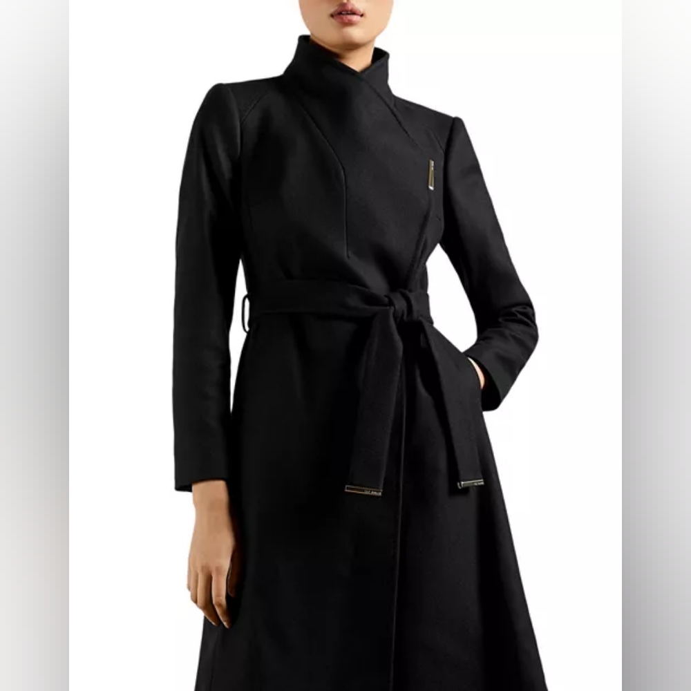 Ted Baker, Black, TED Size 2 (4-6 US), Midi Wool Wrap Coat with Shoulder Panels